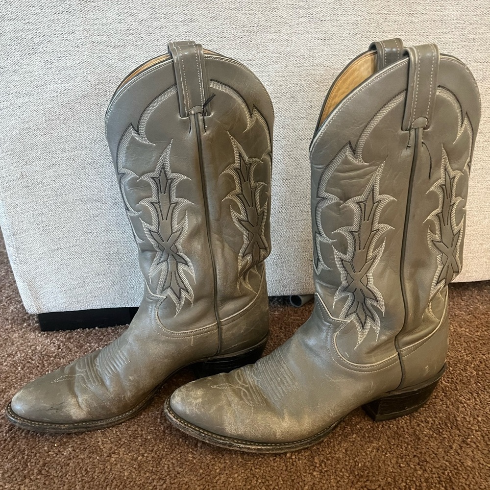 Men's Western Embroidered Leather Cowboy Boots - Gray